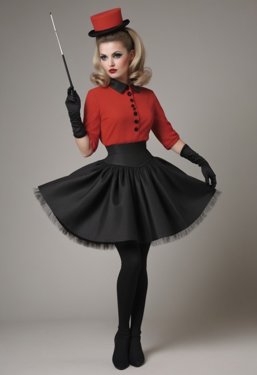 Bama1966 Style, Short, playful skirt with harlequin pattern in red and black, puff-sleeved blouse with a fitted waist, white jester collar, fitted leggings in alternating red and black, shiny satin-like fabric, white elbow-length gloves, simplified jester’s cap with two points and pom-poms, small black domino mask, ballet-style shoes or ankle boots in red and black, teased 1960s-style pigtails with ribbons, bold red lipstick, dramatic eyeliner, oversized mallet as a prop.