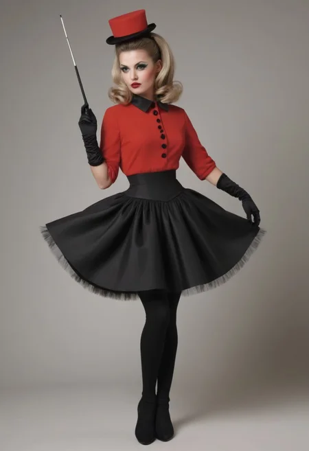 Bama1966 Style, Short, playful skirt with harlequin pattern in red and black, puff-sleeved blouse with a fitted waist, white jester collar, fitted leggings in alternating red and black, shiny satin-like fabric, white elbow-length gloves, simplified jester’s cap with two points and pom-poms, small black domino mask, ballet-style shoes or ankle boots in red and black, teased 1960s-style pigtails with ribbons, bold red lipstick, dramatic eyeliner, oversized mallet as a prop.
