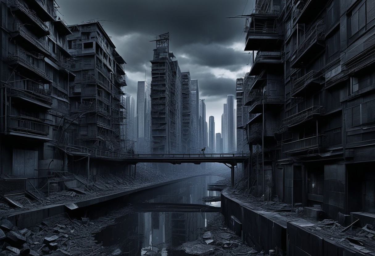 (anime), no human, city ruin, black snake, (masterpiece), score_9