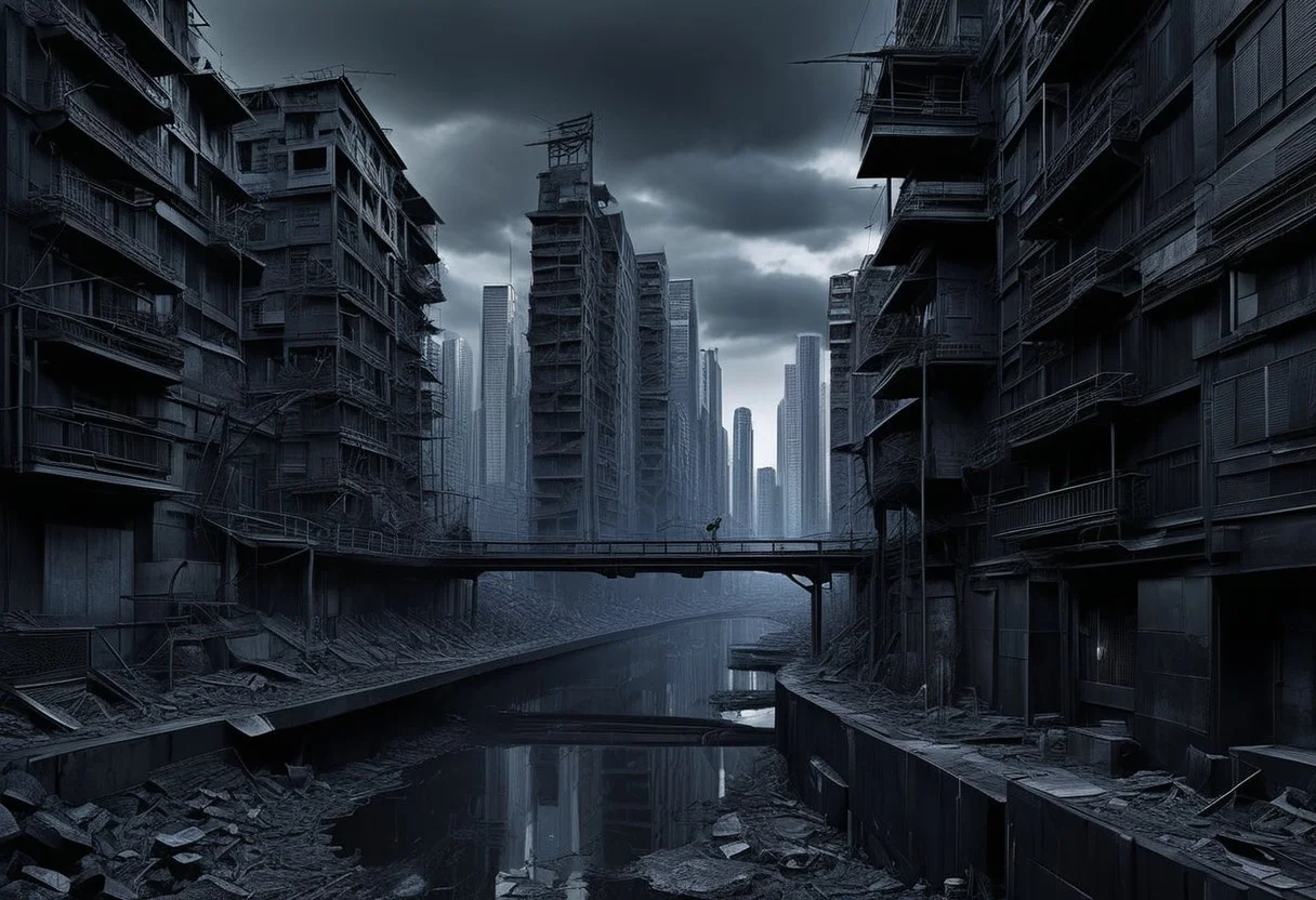 (anime), no human, city ruin, black snake, (masterpiece), score_9