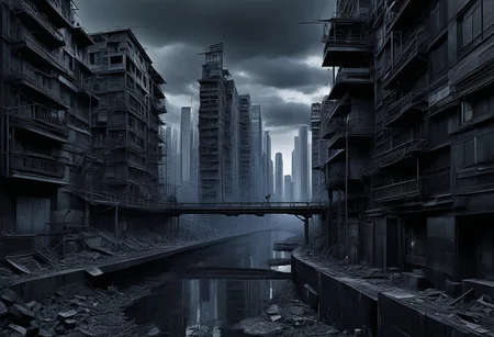 (anime), no human, city ruin, black snake, (masterpiece), score_9