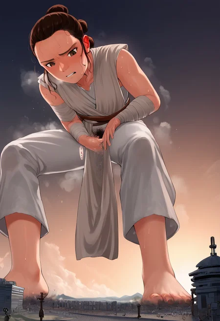 score_9,score_8_up,score_7_up,score_6_up, giantess, macro, Leaning forward, open legs, leaning over of viewer, low-angle of viewer, excessive pubic hair peek, sweaty, sweat, sweat drops, sweat steam, Rey, 1girl, solo, brown hair, brown eyes, sleeveless, jedi, white cloth, white pants, bandages, bare foot, bare feet, masturbation, fingering, using building, masturbation with building
