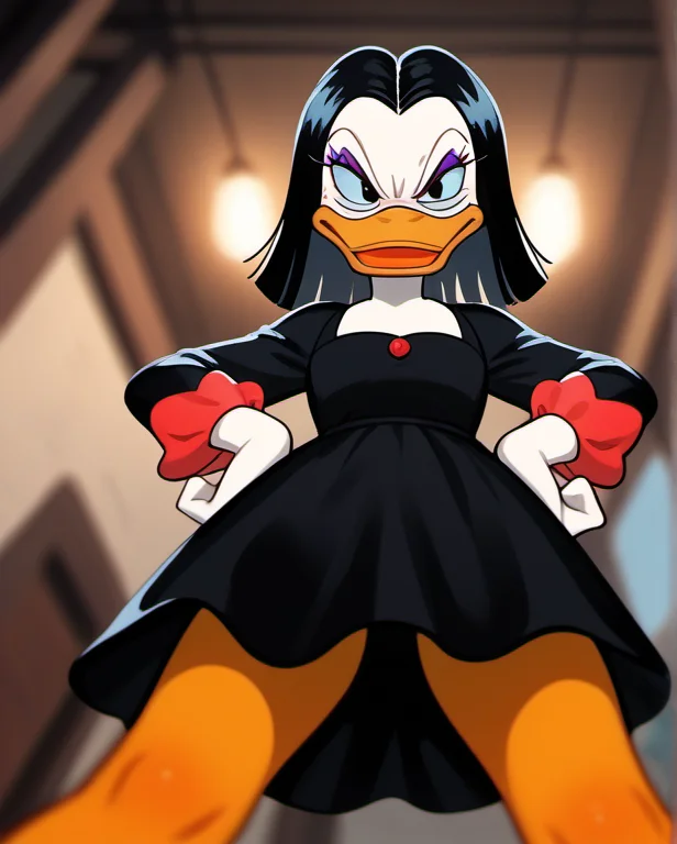 score_9, score_8_up, score_7_up, 1girl, solo, mdsdt1, duck, looking at viewer, beak, disgusted, pov, from below, furry, black hair, black eyes, dress, makeup, furry female, eyeshadow, orange legs, blurry background, toon \(style\), <lora:mdsdt1-000009:1>,