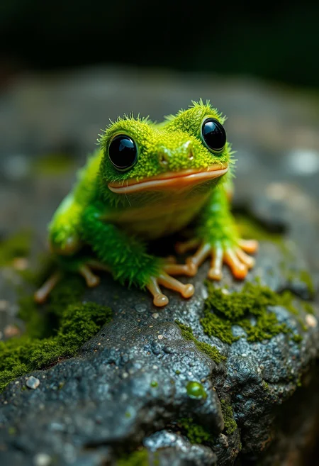 "A tiny, adorable baby tree frog, its moss-covered body a vibrant, emerald green, perched on a weathered stone, its big, round eyes shining with a curious, inner light. The frog's mossy body seemed to glow with a soft, ethereal light, as if infused with the magic of the forest. The moss, a soft, velvety texture, seemed to wrap around the frog's body like a tiny, green cloak, complete with delicate, intricate patterns and swirling, organic shapes. The frog's tiny, sticky feet seemed to grip the stone with ease, as if it were a natural, effortless motion. The overall effect was one of breathtaking, adorable cuteness, as if the tree frog were a living, breathing embodiment of the forest's whimsy and wonder. The mossy body seemed to radiate a warm, gentle glow, like a tiny, green sun, illuminating the surrounding environment with a soft, magical light."