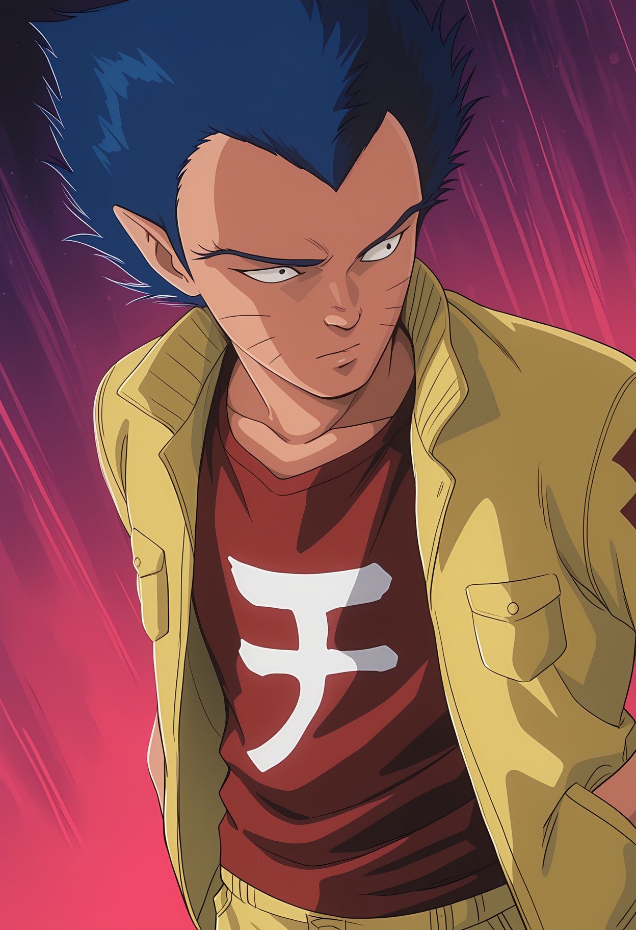 masterpiece, best quality, amazing quality, dutch angle, abstract background, BREAK
solo, 1boy, amanojyaku, blue hair, black eyes, whiskers, pointed ears, yellow jacket, red shirt, shorts, upper body focus, BREAK
<lora:cfg_scale_boost:.6>  <lora:Amano_Jyaku_-_Urotsukidoji_-_ILXL:1>