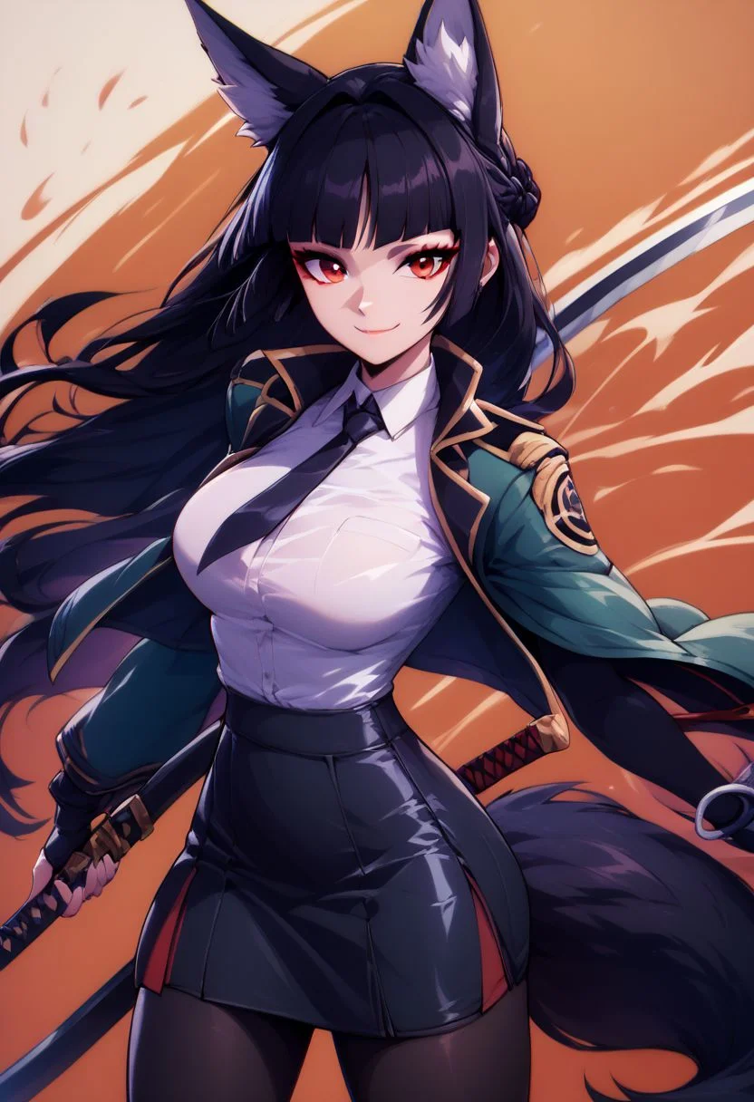score_9, score_8_up, score_8, big breasts, (curvy), cute, eyelashes,
BREAK,
hoshimi miyabi, fox ears, red eyes, black hair, long hair, green jacket, black skirt, black pantyhose,
hoshimi miyabi, looking at viewer, skirt, shirt, gloves, long sleeves, holding, closed mouth, white shirt, weapon, braid, necktie, black gloves, collared shirt, sword, fingerless gloves, black skirt, holding weapon, holding sword, katana, sheath, sheathed, unsheathing,
smile,
zPDXL,