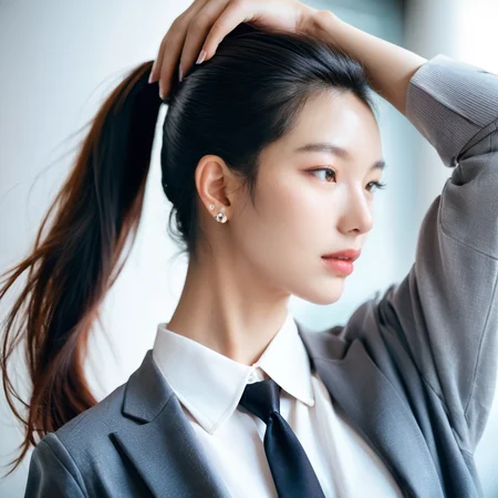 <lora:NamikoPonySRV203:1>, :Namiko, <lora:add-detail-xl:0.5>, [5]a stunning real medium breasts Korean woman with long, flowing dark hair, her piercing gaze directly addressing the viewer. score_9, score_8_up, score_7_up, 4k, high quality, (best quality:1.1), realistic, photorealistic, close-up, upper body, (ultra HD quality details), High Fashion, A highly detailed, realistic digital photo of a Korean woman 28yo with a pale complexion, emphasizing her enigmatic and mystical aura,, high resolution, rich textures, and contemplative mood. Her eyes are a deep piercing and  brown, dynamic, dramatic, haute couture, elegant, ornate clothing, dark straight hair with a few loose strands framing her face, against a cyan gradient background, Realistic photograph, Movie light, film grain, skirt, necktie, shirt, blurry background, white shirt, blurry, black hair, outdoors, black necktie, grey skirt, collared shirt, ponytail, shirt tucked in, pencil skirt, long sleeves, arm up, lips, long hair, brown eyes, brown hair,