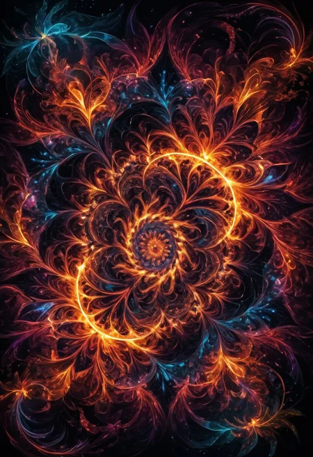 (Galaxy, Space), beautiful colorful fractal, (dark colors) fire mandala pattern, neon glow, lightning, emotionally impactful composition, vivid details, vibrant colors, complex composition, volumetric lighting, exquisite detailed feature