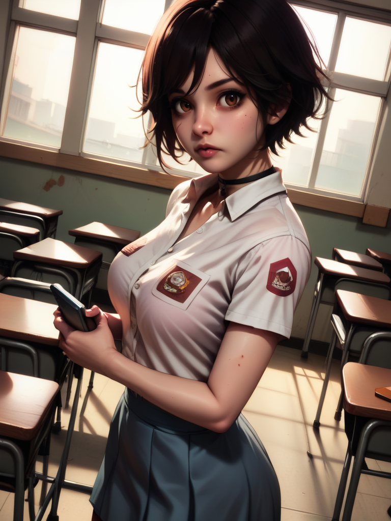 score_9, score_8_up, score_7_up, 1girl, holding a cellphone, looking at viewer, cowboy shot, dynamic pose, cute, solo, dutch angle, classroom, serious, :D, detailed background, dark vibes, from above, from side, wide shot, horror \(theme\), shy, haze around, dark light,
 <lora:LindaDD_character:0.85> LindaXLP, black hair, brown eyes, choker, white shirt, skirt, short hair,   <lora:Realistic_2.5DAnime_Merge1:0.7>