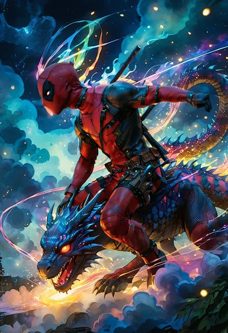 mix of watercolor and oil painting, anime artwork, anime style, studio anime, etheral, motion lines, glowing, Deadpool1024, riding a crazy dragon, deep colors, vivid, colorful, fairy tale aethestics, magic, fireflies, cinematic composition, volumetric lighting, volumetric fogs, volumetric dusk, lots of volumetric clouds, cinematic composition, side view, penumbra, celestial, ethereal
