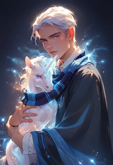 score_9, score_8_up, score_7_up, score_6_up, p3tl0v3, 1boy, solo, human male, EPRobeRavenclaw, wearing EPRobeRavenclaw, blue scarf, striped scarf, collared shirt, open robe, white shirt, emblem, black robe, hugging a white unicorn, BREAK p4tr0nus, UNICORN, glowing, majestic, iridescent unicorn, ephemeral unicorn, fantasy theme, glowing bue mist, dark background , translucent unicorn