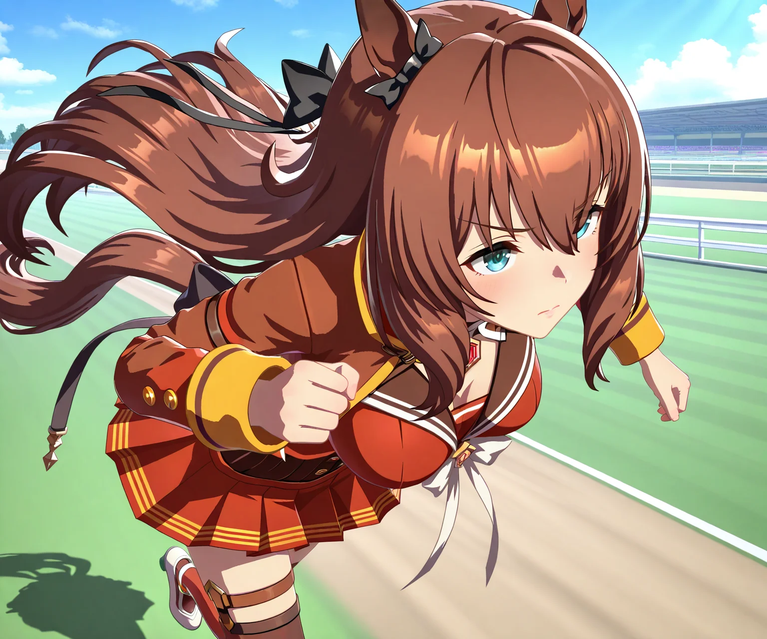 masterpiece, best quality, amazing quality, , 1girl, solo, umamusume, racetrack, running, serious, <lora:Maruzensky in game style 3D ILL-v2.1:1> ummsmingame, 3d, maruzensky \(umamusume\),