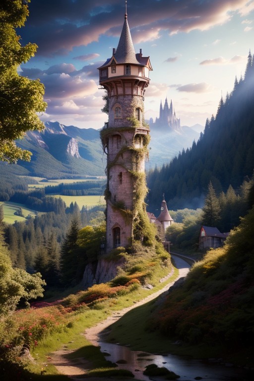 realistic analog photo, award winning photo, vary wide shot of magic stone witow tower:1.3, (Military watchtower), scenery,  fantasy, hills, dirt road, nature, outdoors, RAW, highres, 8k, uhd, High Dynamic Range, tonemapping, crisp details,