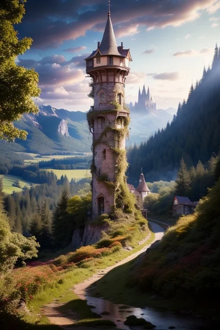 realistic analog photo, award winning photo, vary wide shot of magic stone witow tower:1.3, (Military watchtower), scenery, fantasy, hills, dirt road, nature, outdoors, RAW, highres, 8k, uhd, High Dynamic Range, tonemapping, crisp details,