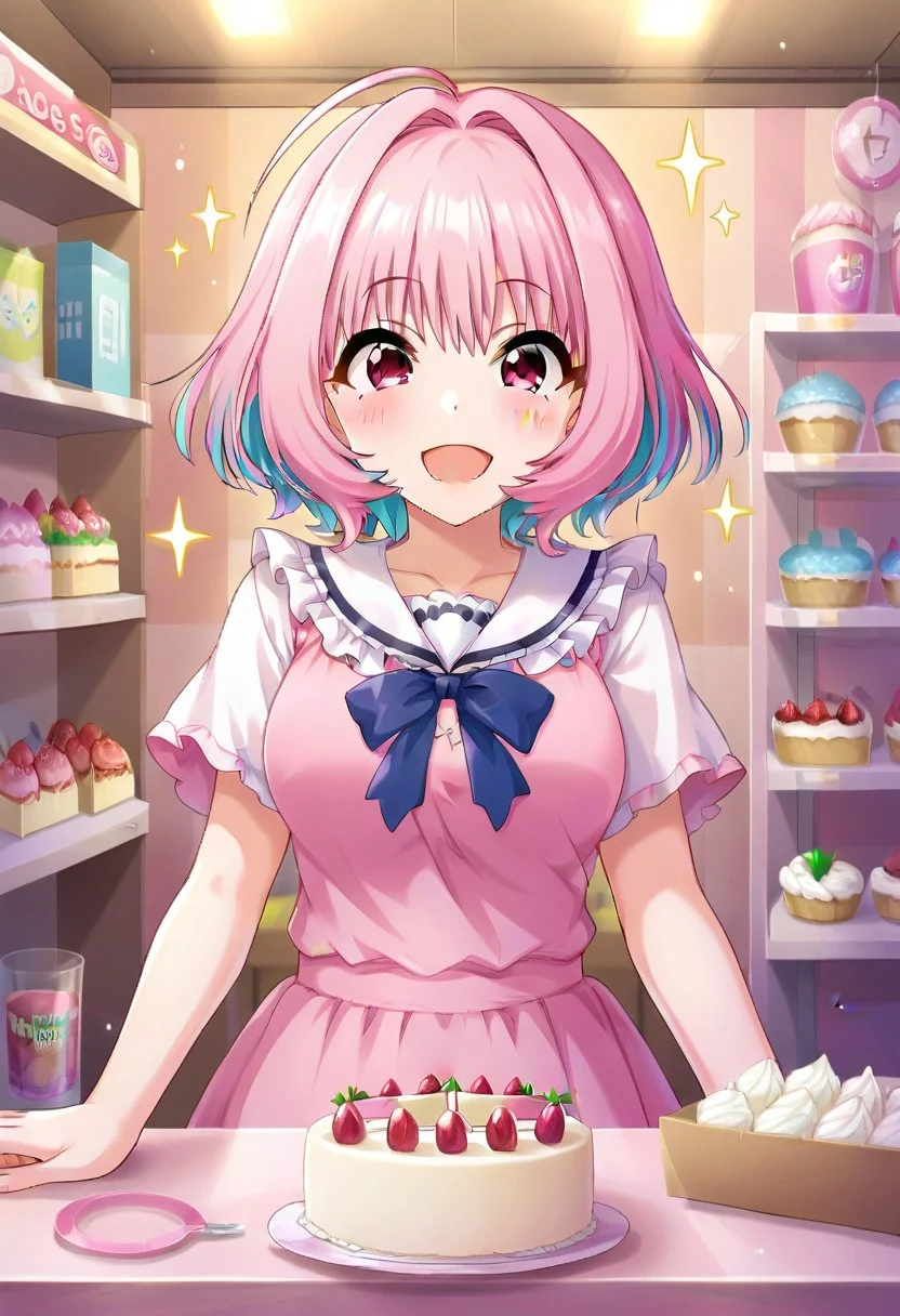 masterpiece, high quality,yumemi riamu, pink hair, ahoge, short hair, pink eyes, 1girl, solo, smile, blush, cake shop, open mouth, sparkle