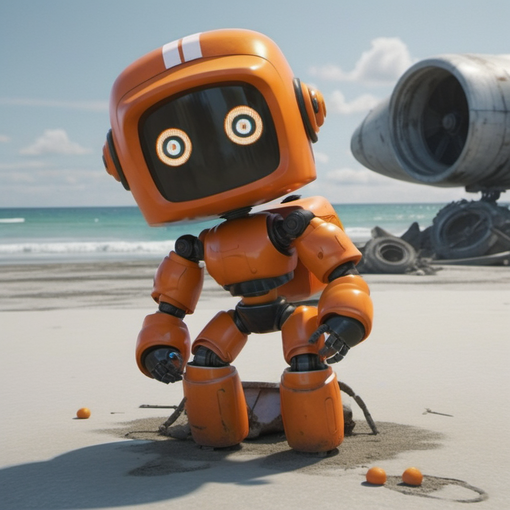 an orange robot, having a cocktail on a beach, post apocalyptic,  crashed airplaine background, highly detailed,  photography, ultra sharp, film, professional, 64k  <lora:add-detail-xl:1.5> <lora:Orange Robot1024:0.6>