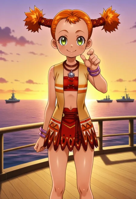 anime screencap, anime coloring,anime, best quality, 4k,
1girl, solo, ccmel, short twintails, hair ornament, sleeveless jacket, necklace, bandeau, bracelet, <lora:illustriousXL CC Mel V1:1>
outdoors, port, ocean, ships,
looking at viewer, smile , thick legs,