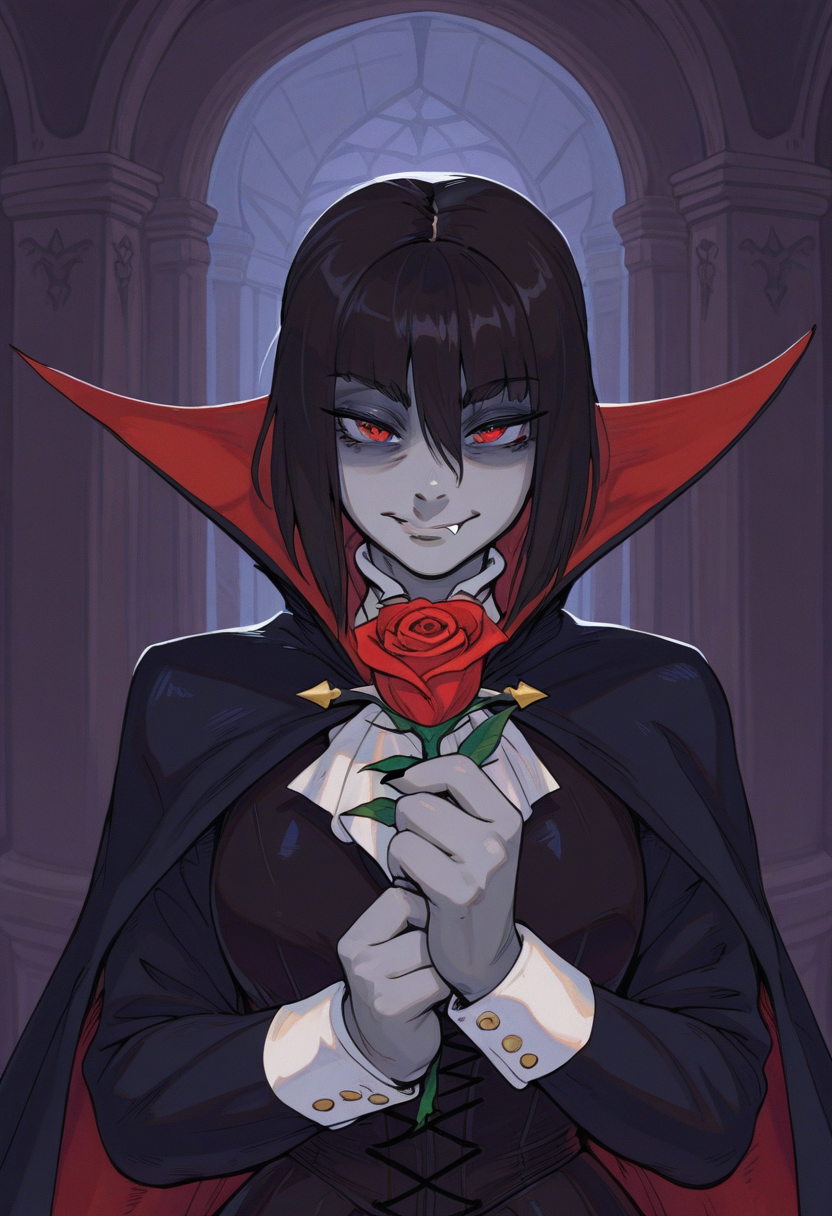 r3110style,   masterpiece, best quality, solo,                                                                                                                               female, vampire, black hair, fang, vampire clothing, grey skin, detailed translyvania interior background, , holding rose,