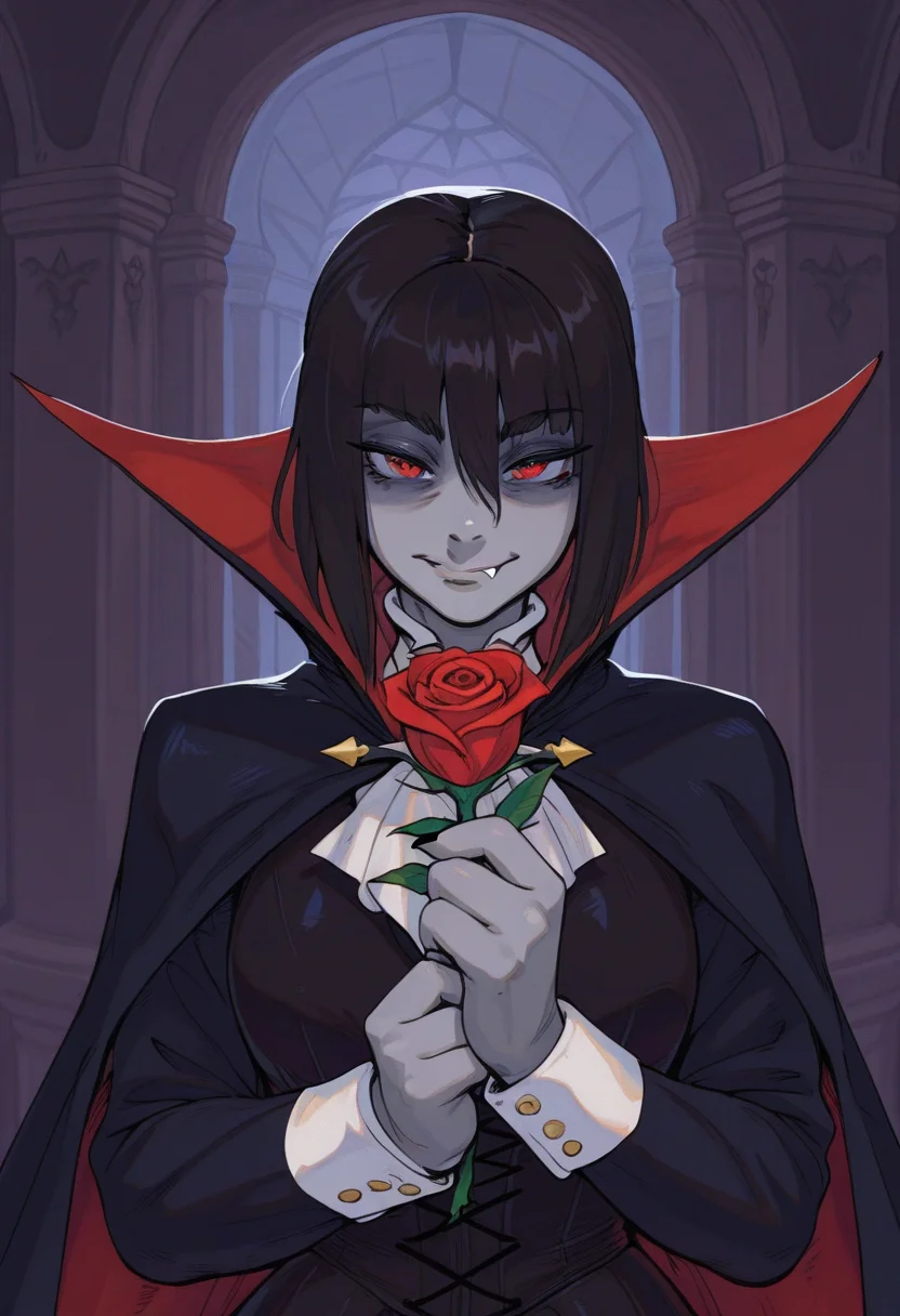 r3110style, masterpiece, best quality, solo, female, vampire, black hair, fang, vampire clothing, grey skin, detailed translyvania interior background, , holding rose,