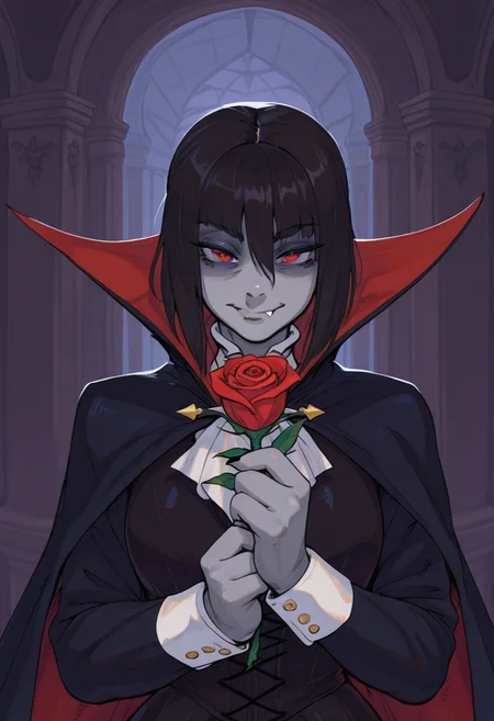 r3110style, masterpiece, best quality, solo, female, vampire, black hair, fang, vampire clothing, grey skin, detailed translyvania interior background, , holding rose,