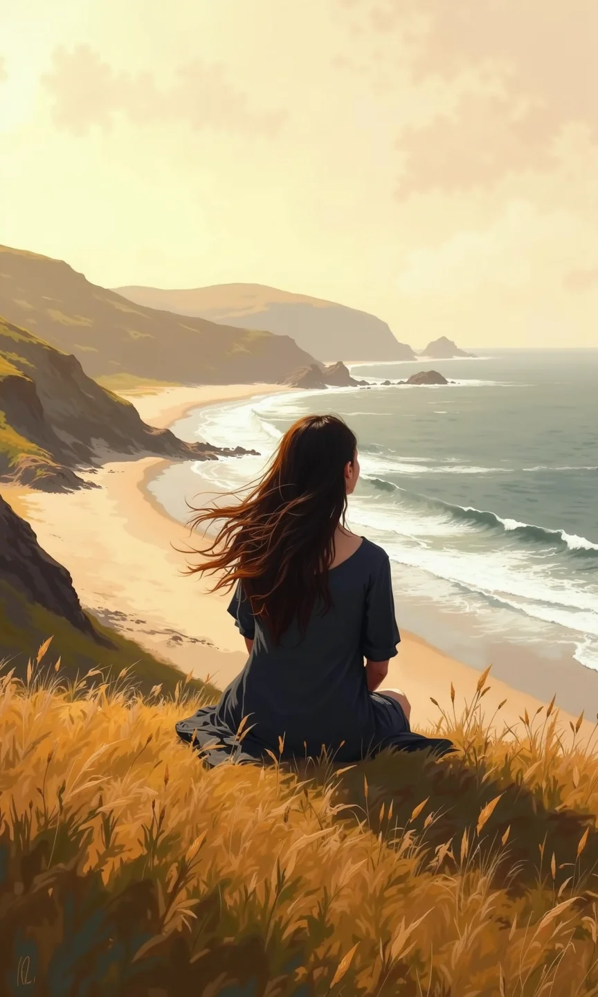 Full outdoor shot of a woman sitting in tall grass near a coastline at sunset. 
The woman is seated facing away from the viewer, positioned on a grassy hill overlooking a beach and ocean. Her long, dark brown hair is flowing in the breeze. She wears a dark gray or black dress that appears loose-fitting. 
The grassy hill is a light brownish-yellow color, and the grass appears tall and somewhat dry. 
The ocean is a light grayish-blue, and waves are visible, with some whitecaps near the shore.  The coastline features a light tan and beige-colored beach area, and the land slopes up to the hill where the woman sits.
The hills beyond the beach are a muted yellowish-green and brown, sloping gently towards the horizon.
The sky is a soft pastel mix of peach, orange, and light yellow-gray colors, indicative of a sunset or sunrise. The light appears warm and diffused, casting a gentle glow on the scene. The overall impression is one of tranquility and serenity, with the focus on the woman's solitary contemplation of the vast landscape.
<lora:FLUX-daubrez-DB4RZ-v2:1> DB4RZ, DB4RZ style painting