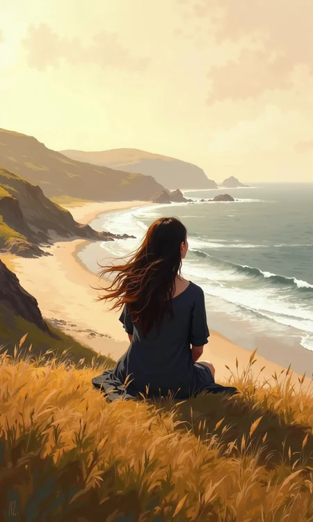 Full outdoor shot of a woman sitting in tall grass near a coastline at sunset. 
The woman is seated facing away from the viewer, positioned on a grassy hill overlooking a beach and ocean. Her long, dark brown hair is flowing in the breeze. She wears a dark gray or black dress that appears loose-fitting. 
The grassy hill is a light brownish-yellow color, and the grass appears tall and somewhat dry. 
The ocean is a light grayish-blue, and waves are visible, with some whitecaps near the shore.  The coastline features a light tan and beige-colored beach area, and the land slopes up to the hill where the woman sits.
The hills beyond the beach are a muted yellowish-green and brown, sloping gently towards the horizon.
The sky is a soft pastel mix of peach, orange, and light yellow-gray colors, indicative of a sunset or sunrise. The light appears warm and diffused, casting a gentle glow on the scene. The overall impression is one of tranquility and serenity, with the focus on the woman's solitary contemplation of the vast landscape.
<lora:FLUX-daubrez-DB4RZ-v2:1> DB4RZ, DB4RZ style painting