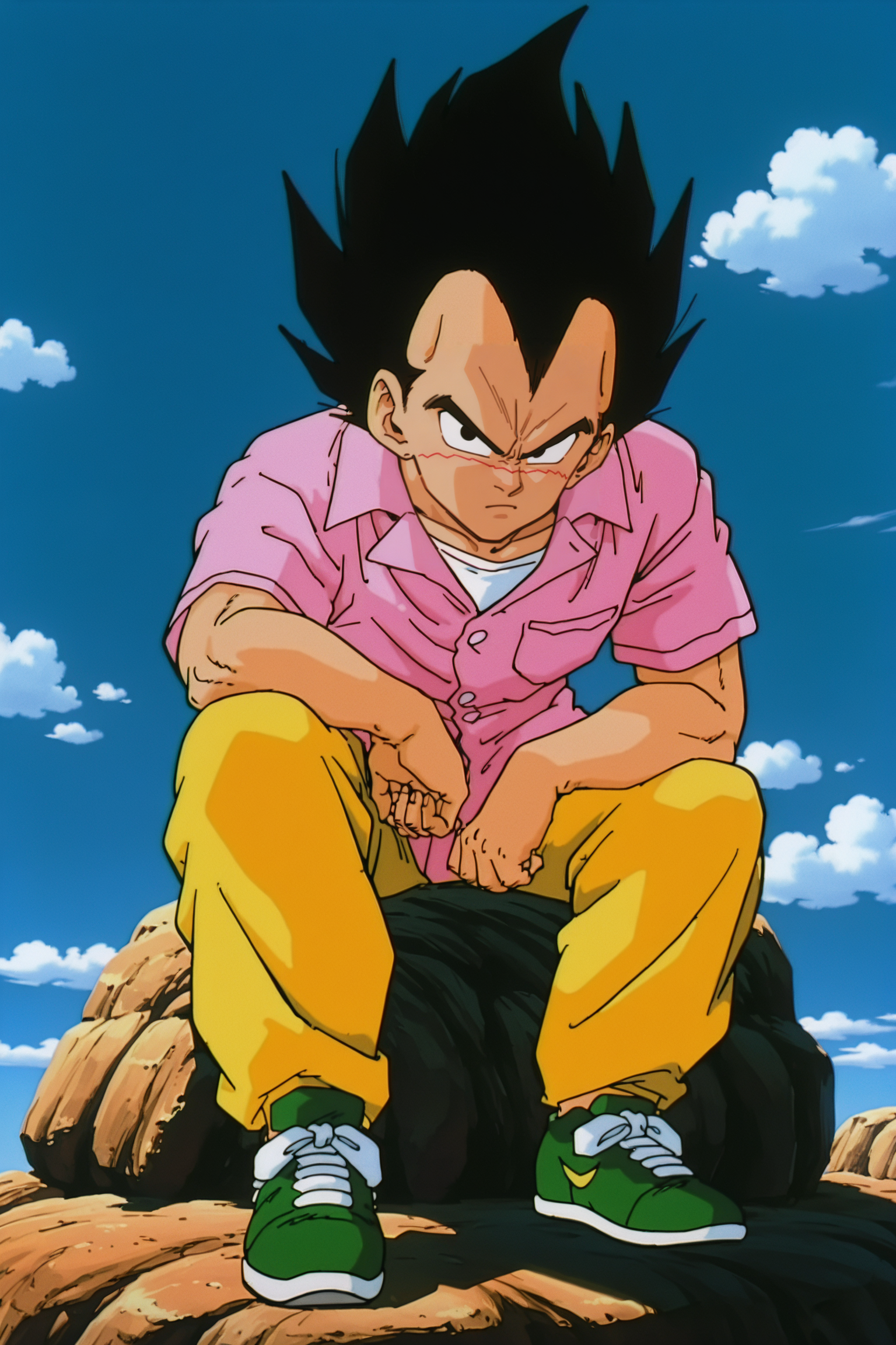 anime screencap, masterpiece, best quality, amazing quality, very aesthetic, absurdres,  newest, (scenery, volumetric lighting),
vegeta, bad man outfit, 1990s \(style\), anime coloring, retro artstyle, solo, looking at viewer, black hair, 1boy, sitting, closed mouth, full body, male focus, outdoors, sky, sneakers, green footwear, day, collared shirt, cloud, black eyes, blue sky, frown, spiked hair, pink shirt, rock, white undershirt, yellow pants, arm on knee, v-shaped eyebrows, short sleeves, no pupils
<lora:Vegeta_IL_V2:0.8>
