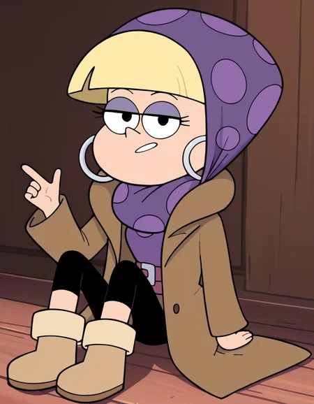 looking at viewer, solo, sitting, <lora:Pacifica_Northwest_Gravity_Falls_Pony:1> , pacificagf, long hair, blonde hair, blunt bangs, eyelashes, black eyes, purple_eyeshadow,
hoop earrings, brown coat, purple headscarf, black leggings, boots,