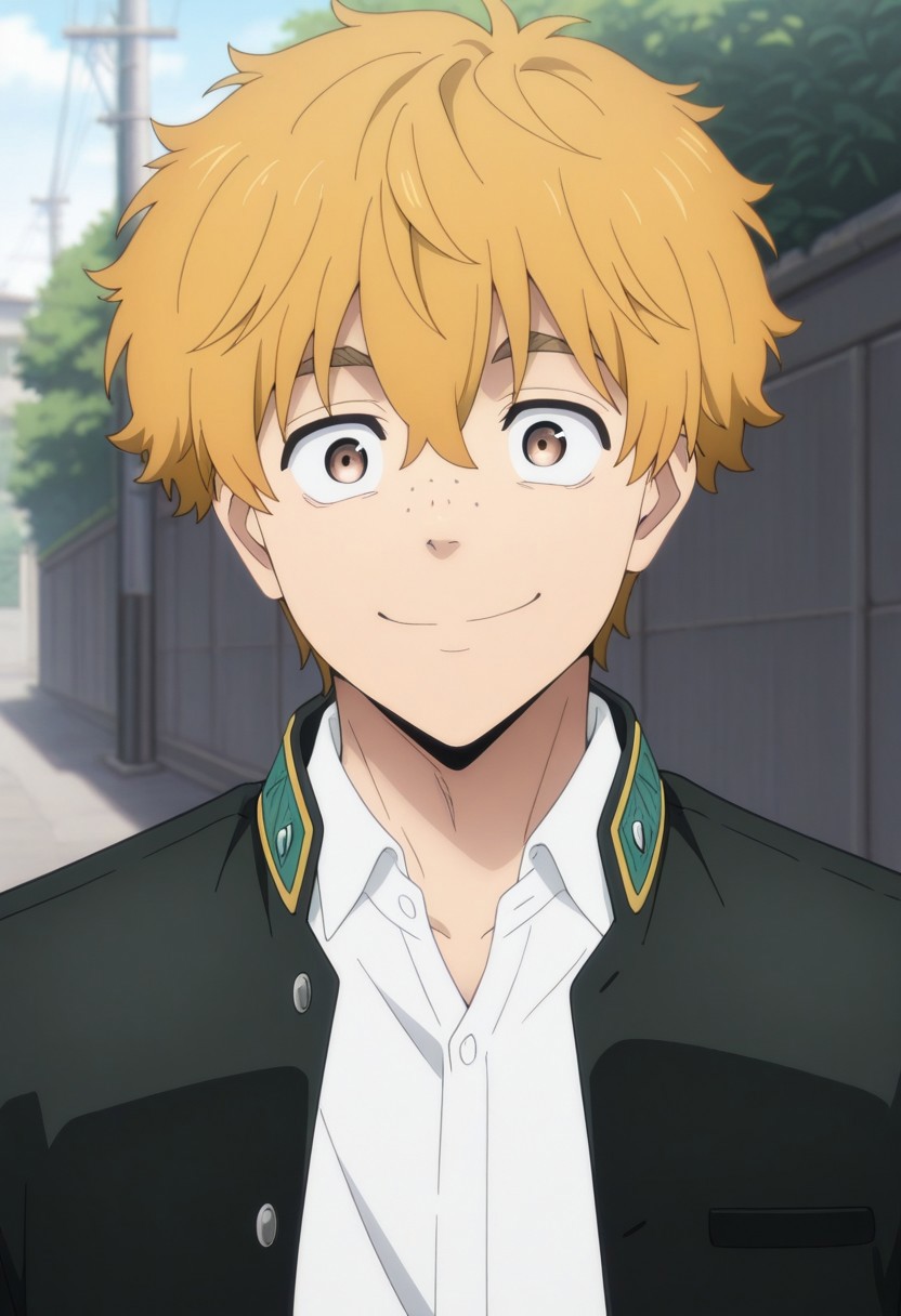 masterpiece,best quality,amazing quality, source_anime,
AkihikoNirei, 1boy, male focus, solo, brown eyes, blonde hair, freckles, school uniform, jacket, black jacket, open jacket, shirt, white shirt, collared shirt, smile, outdoor, portrait