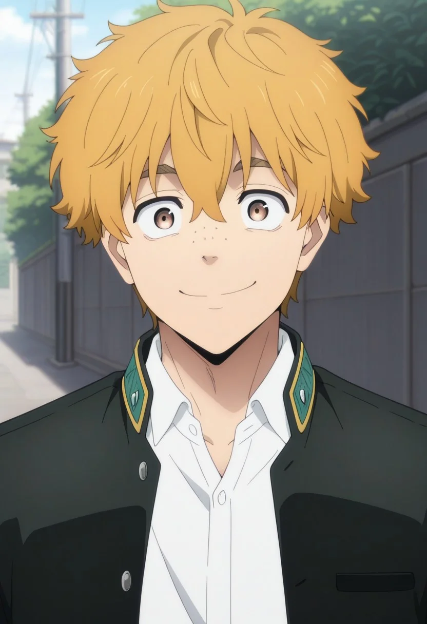 masterpiece,best quality,amazing quality, source_anime,
AkihikoNirei, 1boy, male focus, solo, brown eyes, blonde hair, freckles, school uniform, jacket, black jacket, open jacket, shirt, white shirt, collared shirt, smile, outdoor, portrait