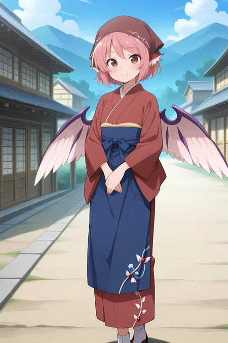 absurdres, highres, masterpiece, best quality, amazing quality, official anime artwork, screencap, anime screencap, outdoors, looking at viewer, light smile, village, 
 <lora:Mystia-Lorelei_Illustrious:1> mystia lorelei, 1girl, solo, brown eyes, pink hair, short hair, animal ears, earrings, wings,, head scarf, brown head scarf, red kimono, sash, blue apron, tabi, white socks,