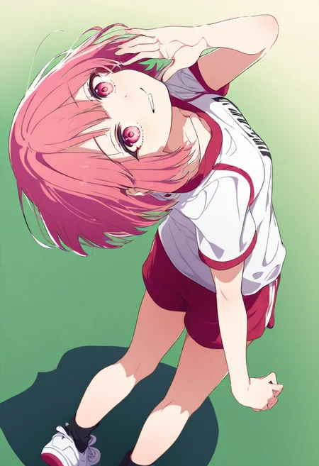 great quality,1girl,solo,, (almic,akakura,ogipote:0.9),(sincos:0.7) ,,,full body,, (gasping:1.2) ,,(arched back, leaning back:1.15),,legs,shoes,white shoes,tiptoes, black socks,,pink hair, medium hair,bob cut,red ruby eyes,petite, medium small breasts,,white shirt, jym shirt,sports wear,gym shorts,smile, wavy hand,hand up,looking at viewer