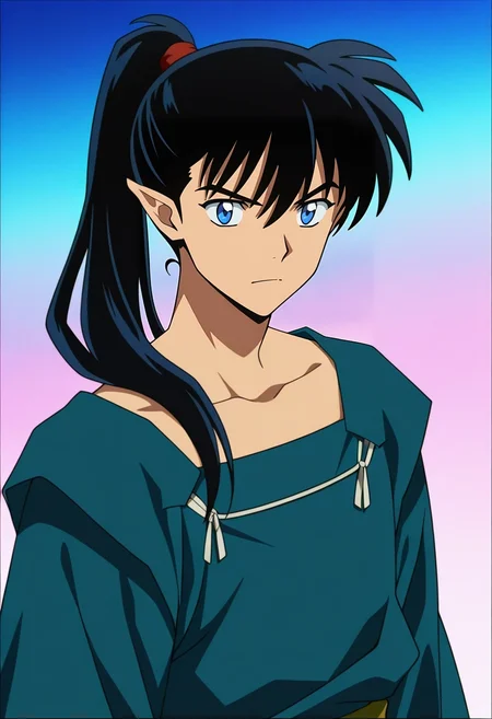 masterpiece, best quality, , anime screencap, anime coloring, official style, , 1boy, solo, male focus, <lora:kouga_inuyasha_ilxl:0.9>, kouga_inuyasha, black hair, blue eyes, long hair, ponytail, pointy ears, , ,