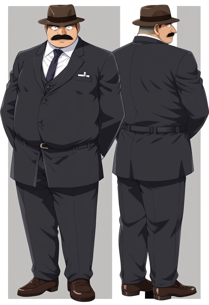 Megure, Hat, man suit, mustache, looking at viewer, high detail, standing, undressing,take off suit, office background