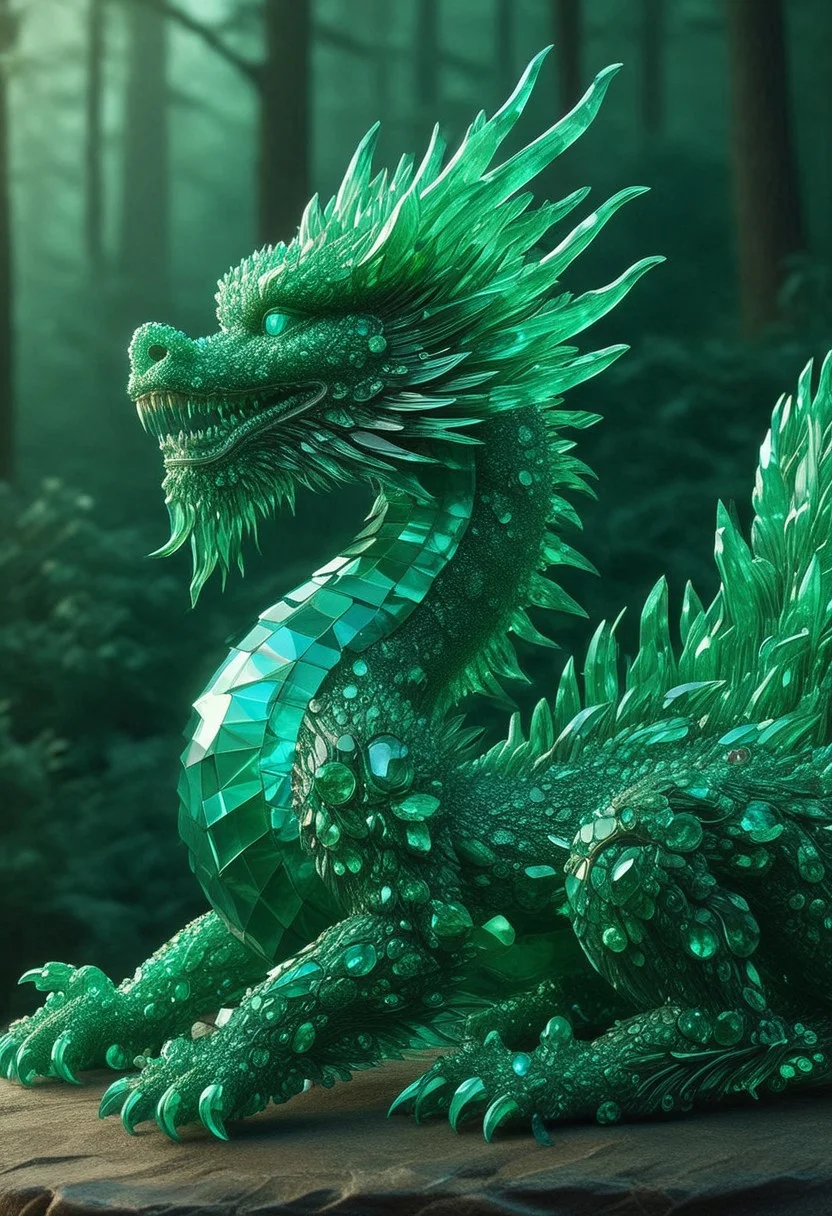 emeraldmorph, a small dragon, sharp edges, detailed, good composition, 3d sculpture, high detail, glowing against a forest background