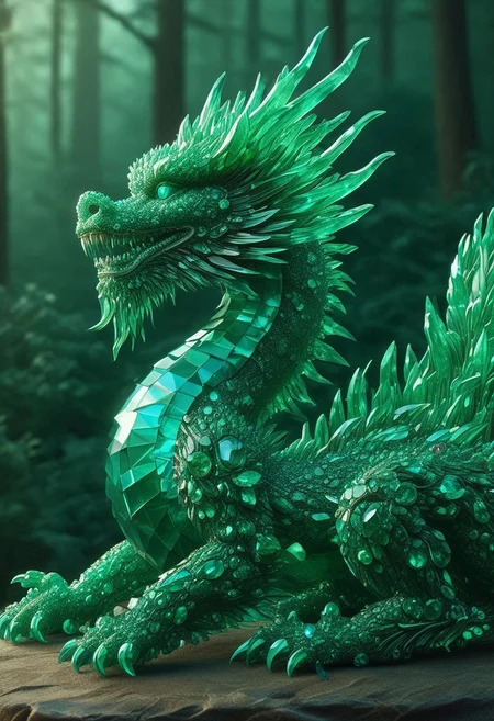 emeraldmorph, a small dragon, sharp edges, detailed, good composition, 3d sculpture, high detail, glowing against a forest background