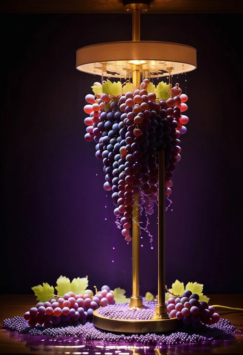 masterpiece, very aesthetic, absurdres, newest, photograph, moody lighting, tabletop, close-up, lamp, (made of grapes:0.7), glowing, purple light