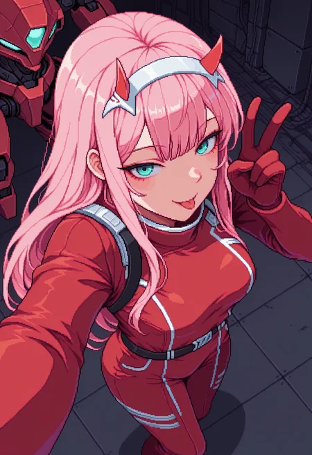 <lora:pixelart:1>,pixel art,masterpiece, absurdres,amazing quality, best quality, detailed background, 8k, 1girl, zero two, selfie pose, :p, from above, mecha,