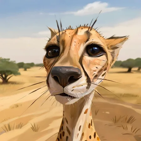 cheetah, African savannah in the background, <lora:albeniz-rodriguez-style-1024:0.7> albeniz rodriguez style, caricature, fisheye view