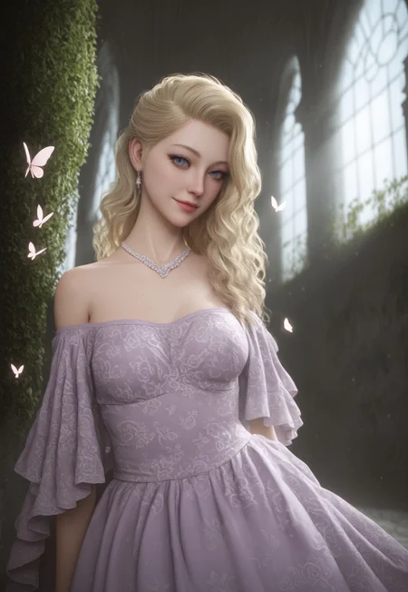 Score_9, score_8_up, score_7_up, realistic, hd, 4k, masterpiece, 1girl, solo, 19yo, beautiful, blonde hair, wavy hair, blue eyes, gentle smile, closed mouth, elegant, long purple dress, off-shoulder gown, floral embroidery, necklace, flower garden, sunlight, bright lighting, castle garden, butterflies, dutch angle
