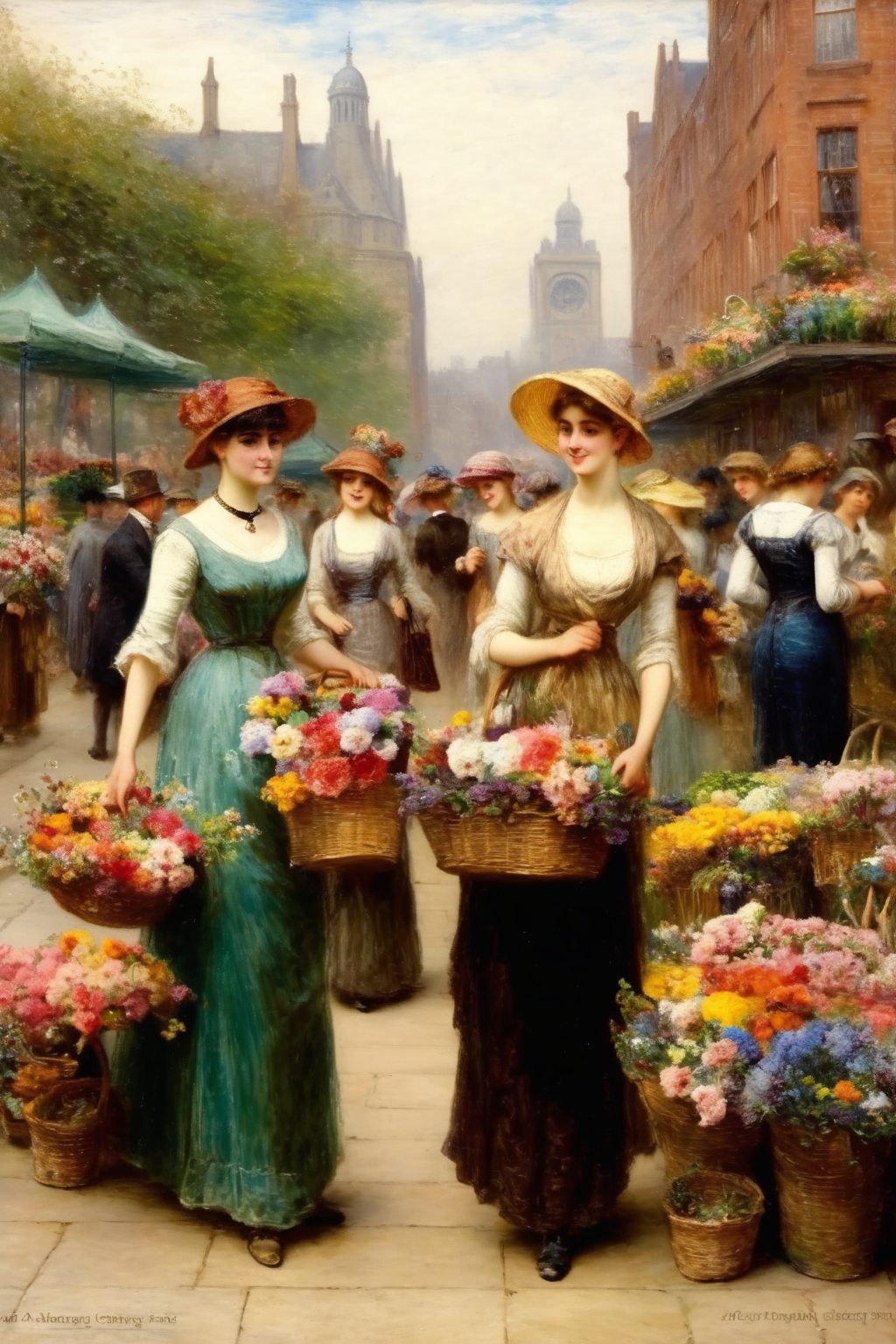 <lora:Alfred Augustus Glendening style:1>Alfred Augustus Glendening style - A vibrant flower market alive with colorful blooms and bustling shoppers.