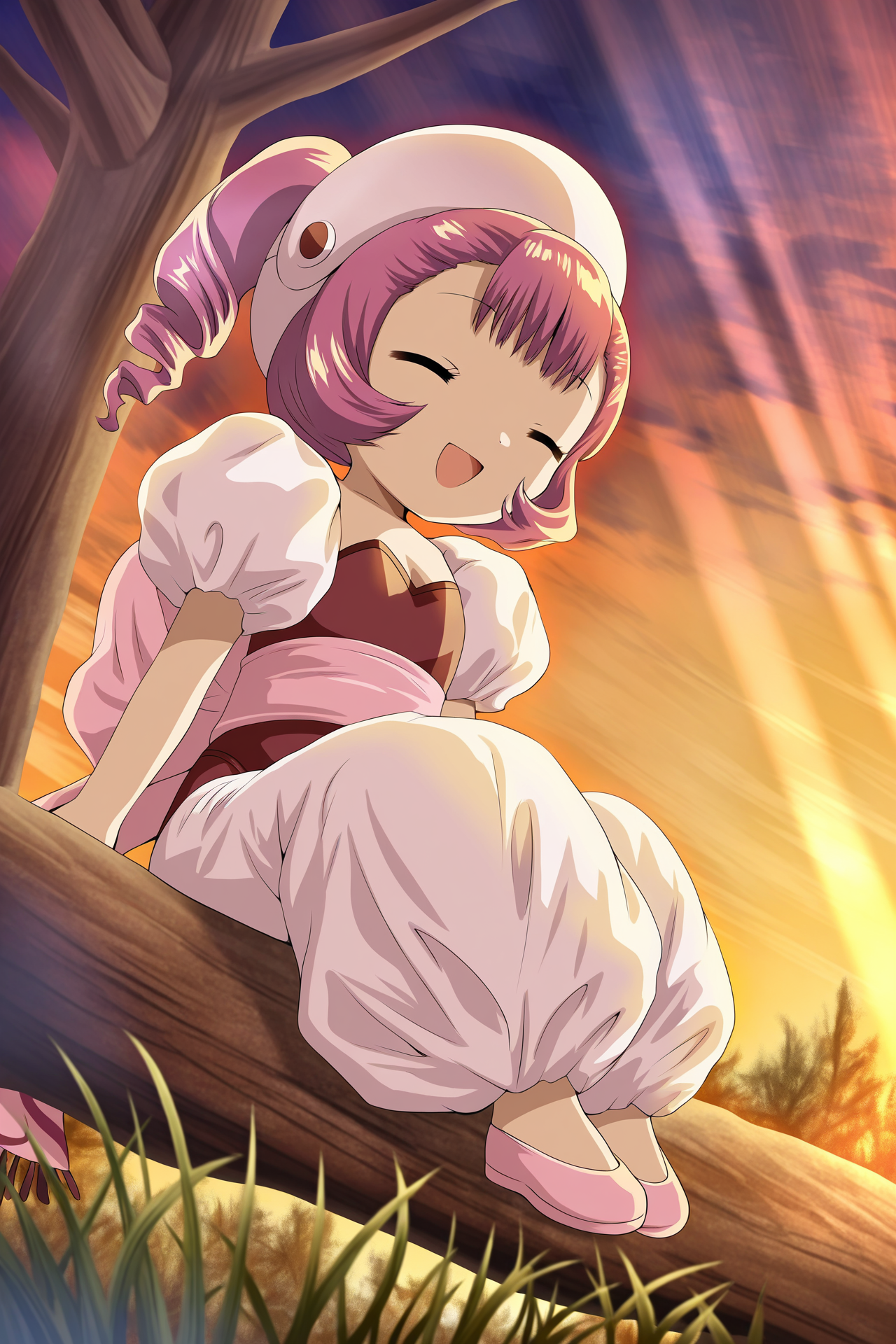 torino aqua, <lora:sumomo_kotoko_illustrious_xl_v2:1>, sumomo, pink hair, hat, closed eyes, drill ponytail, no pupils, solo,
puffy short sleeves, pink sash, strapless red leotard, baggy pants, white pants, pink shoes,
sitting on branch, tall grass, happy, open mouth, smile, facing viewer, head tilt,
outdoors, forest, tree, sunset, dawn, orange sky, grass, bush, dark theme, light rays, dutch angle, from below,
masterpiece, best quality, newest, absurdres, highres