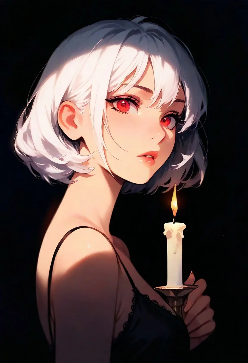 1girl, white hair, short hair, goth, red eyes, detailed eyes, lips, thin lips, parted lips, solo, looking at viewer,, holding a candle, dynamic lighting, camisole, upper body, dark, underlightling, masterpiece, best quality, very aesthetic