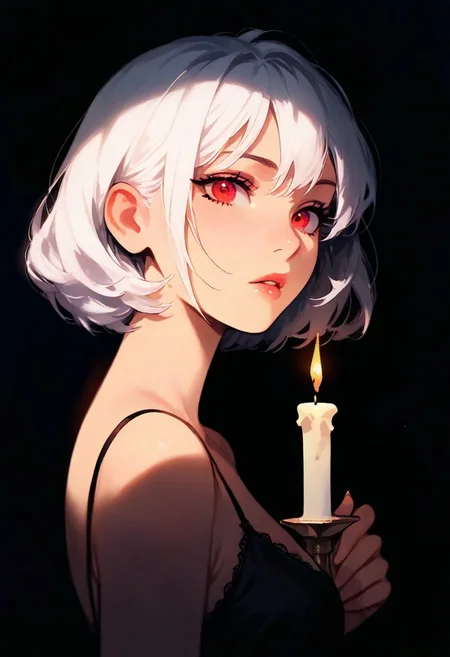 1girl, white hair, short hair, goth, red eyes, detailed eyes, lips, thin lips, parted lips, solo, looking at viewer,, holding a candle, dynamic lighting, camisole, upper body, dark, underlightling, masterpiece, best quality, very aesthetic