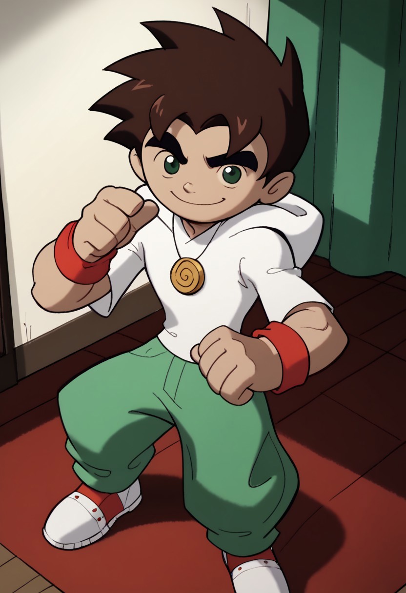 score_9, score_8_up, score_7_up BREAK RaiXS, 1boy, dark brown hair, dark green eyes, tan skin, gold spiral circle necklace, red wristbands, white hoodie, green pants, red white shoes, smiling at viewer,