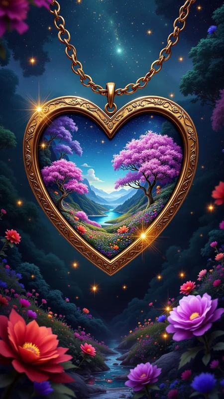 in the style of jedffd, dreamlike , surreal chaos, vibrant abstract fantasy, Inside a rusted, heart-shaped locket lies an entire world suspended in perpetual twilight. The world is a sprawling garden where glowing flowers bloom in sync with the heartbeat of the locket's wearer. Rivers of liquid starlight wind through the landscape, feeding crystalline trees, <lora:Dreamfract-000007:1>