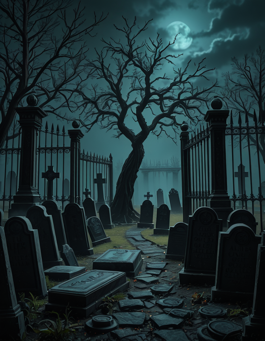 A dark and eerie cemetery shrouded in mist, with ancient, weathered tombstones covered in moss. The scene is dimly lit by a pale, ghostly moonlight filtering through twisted, leafless trees. Cracked stone pathways lead through the graveyard, partially hidden by overgrown grass and creeping ivy. A few old, gothic-style mausoleums stand in the background, their iron gates slightly ajar, adding to the mysterious and haunting atmosphere. Wisps of fog swirl around the gravestones, enhancing the eerie mood. The overall color palette consists of deep blues, grays, and muted greens, creating a cold and unsettling ambiance. The image is highly detailed and photorealistic, capturing the textures of the aged stone, the fogâs movement, and the ominous shadows stretching across the ground. 
<lora:SDXLFaeTastic2400:0.4> <lora:extremely_detailed:0.4> extremely detailed,<lora:33r13_c3m3t3ry-ill:1>,33r13 c3m3t3ry, Masterpiece,best quality,hi res,8k,hi res,8k,award winning,(sharp focus, intricate, highly detailed),