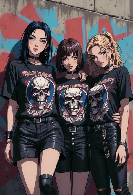 Special Ink-drawing mode, intricate linework with expressive contrasts, Japanese female idol group, 3 japanese women, "Iron Maiden" t-shirts, streetwear, posing against a graffiti-strewn wall, album photoshoot, directional lighting, moody poses, close up shot