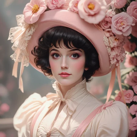 Score_9, score_8_up, score_7_up, score_6_up, <lora:1890s_Rococo_OperaPony:1> ArsMovieStill, movie still from a pastel-colored 1890s Rococo fantasy opera movie, The image shows a woman wearing a white dress and a pink hat with flowers on it set against a blurred background., 1girl, solo, hat, flower, black hair, ribbon, looking at viewer, black eyes, short hair, upper body