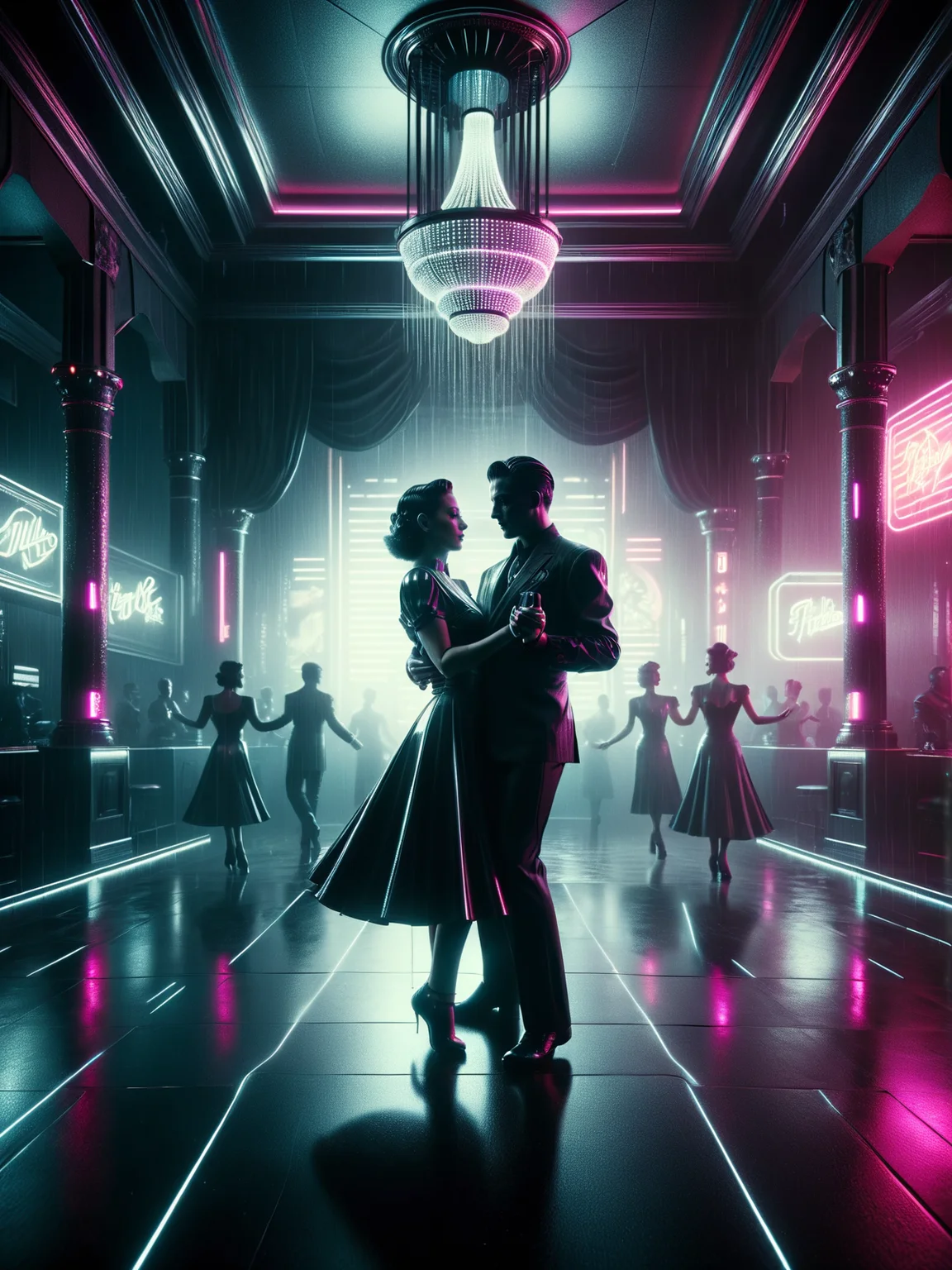 man and woman dancing in a ball room, rain, cyberpunk, noir, 1940s <lora:Neon_Noir_SDXL:0.8> mad-neon-noir, masterpiece, best quality, ultra high res, (photorealistic, realistic:1.2), deep shadow, raw photo, film grain, Fujifilm XT3, 8k uhd, dslr